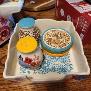 Pioneer Woman napkin holder,salt and pepper and coasters
